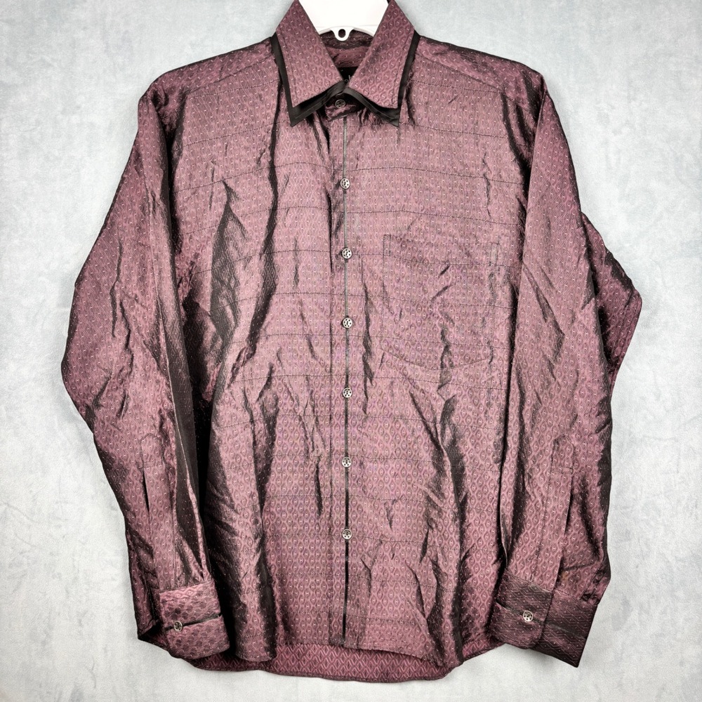 Mebaz Mens Iridescent Purple Diamond Pattern Button Down Shirt Large 40cm